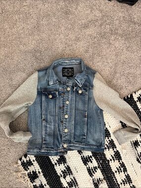 Chocolate Blue Denim Jacket with Light Gray Knit Sleeves